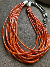 Load image into Gallery viewer, Sterling Silver Multi Strand Orange Coral Bead Necklace. 28 inch