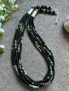 Sterling Silver Multi Strand Black Onyx Turquoise Bead Necklace. 24 Inch