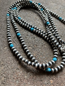 60” Sterling Silver Sleeping Beauty Turquoise 6mm Pearls Bead Necklace