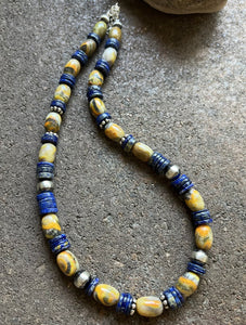 Sterling Silver Bumblebee Jasper Lapis Pearls Bead Necklace. 18 inch