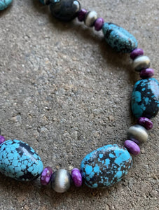 Sterling Silver Dyed Sugilite Turquoise W Navajo Pearls Bead Necklace. 22 inch