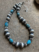 Load image into Gallery viewer, Sterling Silver Turquoise W Navajo Pearls Choker Bead Necklace. 14 inch