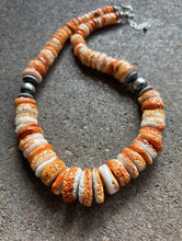 Load image into Gallery viewer, Sterling Silver Graduated Orange Spiny Oyster Bead Necklace. 18 inch