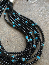 Load image into Gallery viewer, Sterling Silver Multi Strand Black Onyx with Turquoise Bead Necklace. 24 Inch