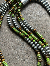 Load image into Gallery viewer, Sterling Silver Multi Strand Green Turquoise Tigers Eye Bead Necklace. 30 inch