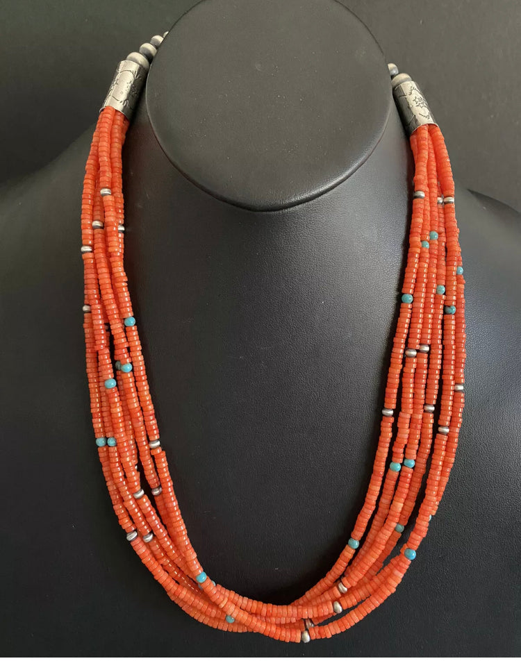 Sterling Silver Multi Strand Orange Coral W Turquoise Bead Necklace. 24 inch
