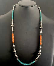 Load image into Gallery viewer, Sterling Silver Turquoise Spiny Oyster W Navajo Pearls Bead Necklace. 30 inch