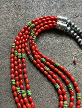 Load image into Gallery viewer, Sterling Silver Multi Strand Coral Green Turquoise Bead Necklace 22 Inch