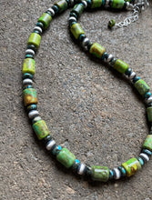 Load image into Gallery viewer, Sterling Silver Green Turquoise W Pearls Bead Necklace. 18 inch