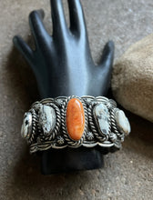 Load image into Gallery viewer, Navajo Sterling Silver Spiny Oyster White Buffalo Turquoise Cuff Bracelet. CY