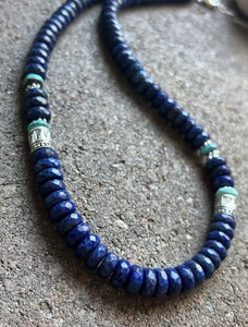 Sterling Silver Lapis W Turquoise Bead Necklace. 21 inch