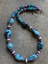 Load image into Gallery viewer, Sterling Silver Dyed Sugilite Turquoise W Navajo Pearls Bead Necklace. 22 inch