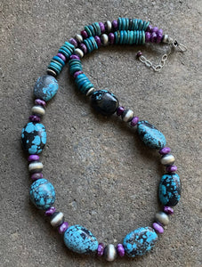 Sterling Silver Dyed Sugilite Turquoise W Navajo Pearls Bead Necklace. 22 inch