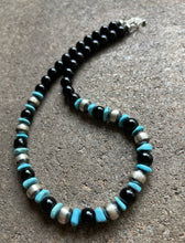 Load image into Gallery viewer, Sterling Silver Black Onyx Turquoise Bead Necklace. 18 Inch