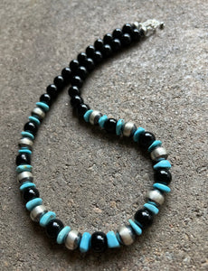 Sterling Silver Black Onyx Turquoise Bead Necklace. 18 Inch