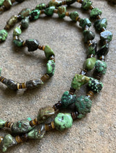 Load image into Gallery viewer, Sterling Silver Green Turquoise Nuggets with Heishi Bead Necklace. 60 inch