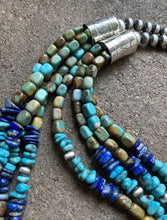 Load image into Gallery viewer, Sterling Silver Multi Strand Blue Green Turquoise Lapis Bead Necklace. 26 inch