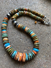 Load image into Gallery viewer, Sterling Silver Graduated Blue Green Turquoise Spiny Oyster Bead Necklace 18”