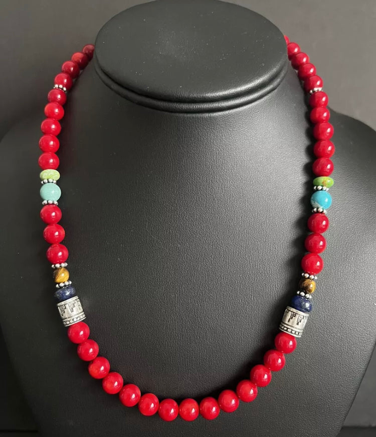 Sterling Silver Multi Stone Red Coral Bead Necklace 18 inch
