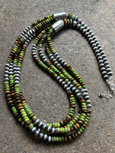 Load image into Gallery viewer, Sterling Silver Multi Strand Green Turquoise Tigers Eye Bead Necklace. 30 inch