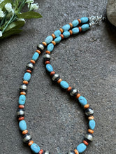 Load image into Gallery viewer, Sterling Silver Graduated Blue Turquoise Spiny Oyster Bead Necklace 20 Inch