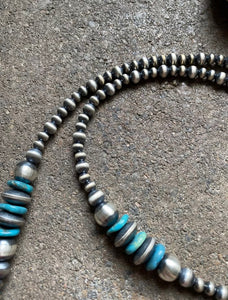 Long Sterling Silver Blue Turquoise Navajo Pearls Bead Necklace. 30 inch