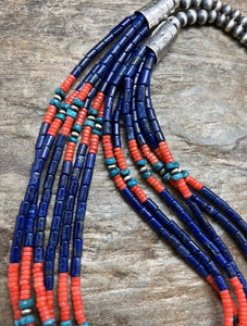 Sterling Silver Multi Strand Multi Stone Lapis Bead Necklace. 30 inch