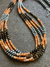 Load image into Gallery viewer, Sterling Silver Multi Strand Spiny Oyster Tigers Eye Bead Necklace. 28 inch