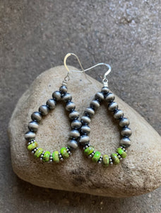 Sterling Silver Green Turquoise W Pearls Bead Loop Earrings.