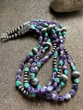 Load image into Gallery viewer, Sterling Silver Multi Strand Amethyst Turquoise W Pearls Bead Necklace. 24 inch