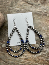 Load image into Gallery viewer, Sterling Silver Pearls Double Loop Lapis Bead Earrings.