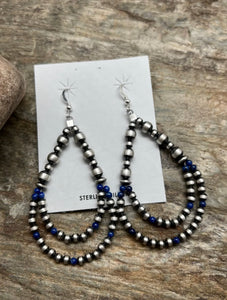 Sterling Silver Pearls Double Loop Lapis Bead Earrings.