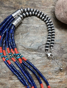 Sterling Silver Multi Strand Multi Stone Lapis Bead Necklace. 30 inch