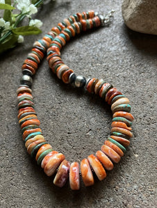 Sterling Silver Graduated Spiny Oyster Turquoise Bead Necklace 18 Inch