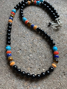 Sterling Silver Black Onyx Multi Stone Bead Necklace. 18 inch. Gift