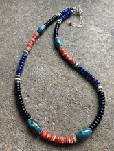 Load image into Gallery viewer, Sterling Silver Multi Stone Turquoise Lapis Onyx Spiny Bead Necklace 18 inch