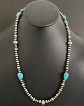 Load image into Gallery viewer, Sterling Silver Turquoise W Pearls Bead Necklace. 25 inch