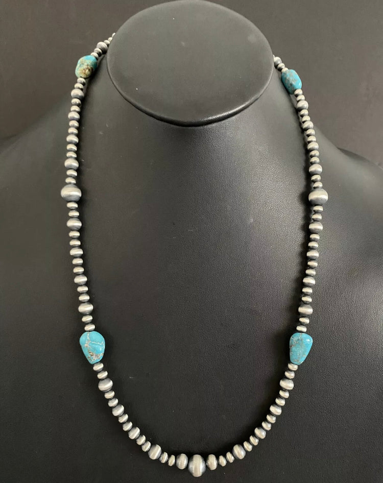 Sterling Silver Turquoise W Pearls Bead Necklace. 25 inch