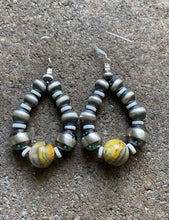 Load image into Gallery viewer, Sterling Silver Bumblebee Jasper W Navajo Pearls Bead Loop Earrings.