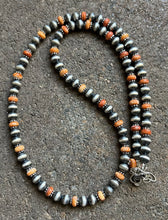 Load image into Gallery viewer, Sterling Silver Orange Spiny Oyster with 6mm Pearls Bead Necklace. 22 inch