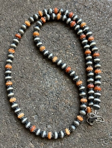 Sterling Silver Orange Spiny Oyster with 6mm Pearls Bead Necklace. 22 inch