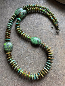 Long Sterling Silver Green Turquoise Bead Necklace. 32 inch