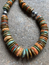 Load image into Gallery viewer, Sterling Silver Graduated Spiny Oyster Green Turquoise Bead Necklace. 18 inch