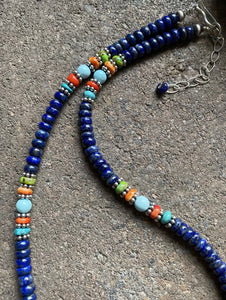 Sterling Silver Lapis Multi Stone Bead Necklace. 18 inch. Gift