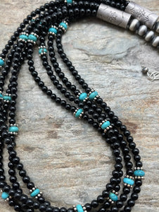 Sterling Silver Multi Strand Black Onyx with Turquoise Bead Necklace. 22 Inch