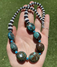 Load image into Gallery viewer, Sterling Silver Turquoise Nuggets Navajo Pearls Bead Necklace. 18 inch
