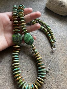 Long Sterling Silver Green Turquoise Bead Necklace. 32 inch