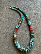 Load image into Gallery viewer, Sterling Silver Blue Green Turquoise W Red Coral Bead Necklace 19 Inch