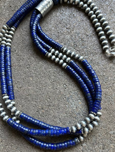 Sterling Silver Multi Strand Lapis W Pearls Bead Necklace. 28 inch