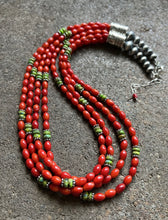 Load image into Gallery viewer, Sterling Silver Multi Strand Coral Green Turquoise Bead Necklace 22 Inch